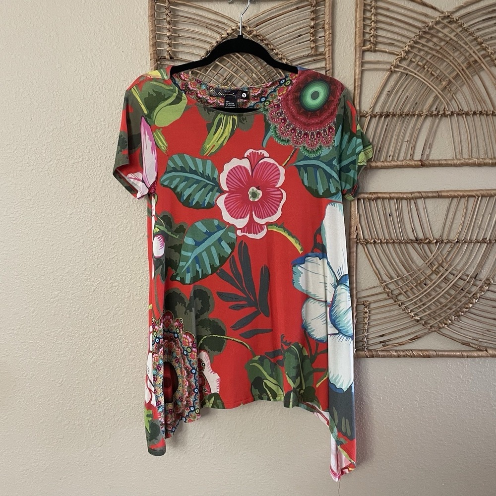 Desigual Red Floral Blouse Top Tunic Trapeze‎ Sidetail Boho Artsy Colorful S B3